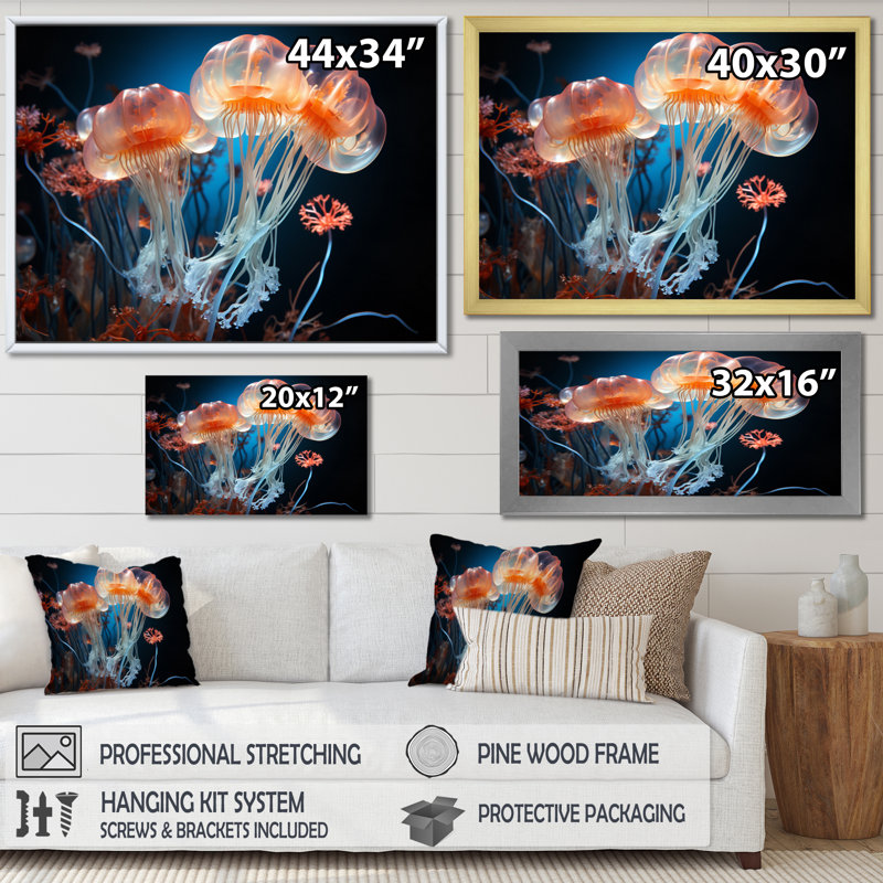 Jellyfish Oceans Glow III - animaux, impressions sur toile, Cadre photo noir, H 24 po x l 32 po x P 1 po