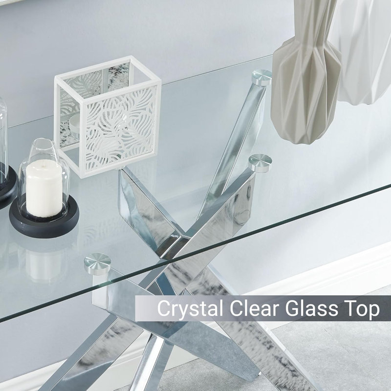 Silver Metal Console Table with Tempered Glass Top, 45"