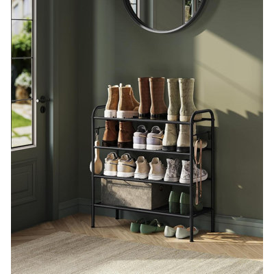 Shoe Rack, 4-Tier Shoe Organizer, Metal Shoe Shelf Storage With 4 Side Hooks, Holds 16 Pairs Of Shoes, Height-Adjustable Shoe Rack For Entryway, Hallw