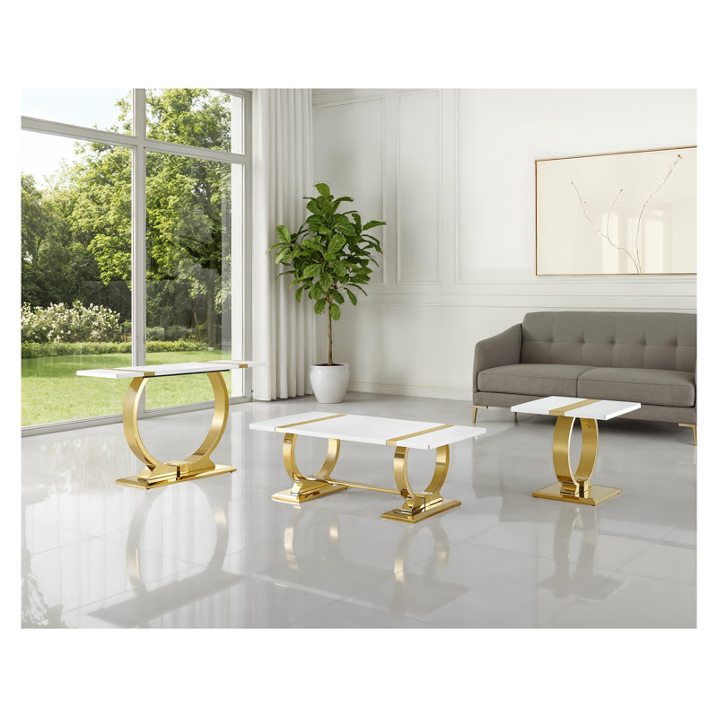 Table d'appoint contemporaine dorée et blanche avec piètement à tréteaux en forme de O et plateau carré