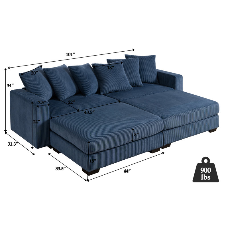 Canapé-lit en velours côtelé l 101 po avec 2 repose-pieds, Bleu