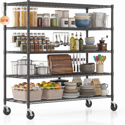 5-Tier Heavy Duty Metal Shelving Unit，Storage Shelves with Wheels
