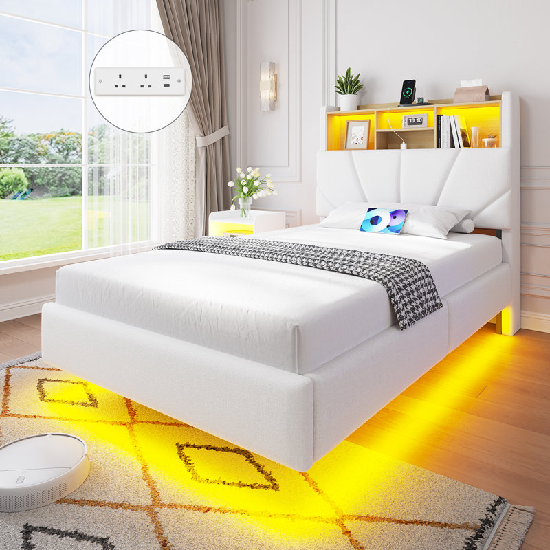 Floating Bed Frame with Charging Station, LED Lights and Upholstered Headboard for Bedroom, Modern Floating Beds with Hidden Storage Compartment, No Box Spring Needed