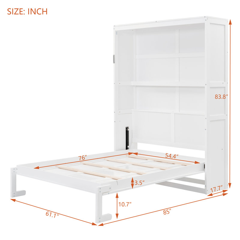 Lit escamotable double pleine grandeur avec tablettes intégrées, lit escamotable pliable peu encombrant, blanc