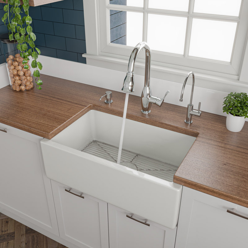 Évier de cuisine réversible à simple cuve en argile réfractaire L 30 po x l 10 po, Blanc