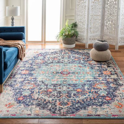 Felty Oriental Power Loom Polypropylene Area Rug in Black/Teal