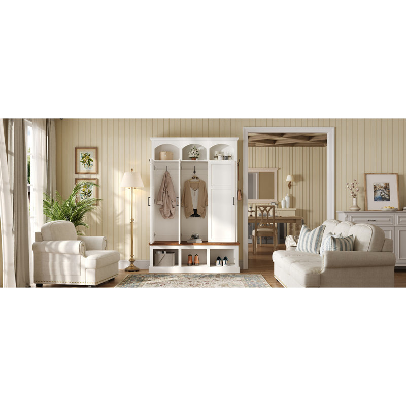 Classic Arched Design Hall Tree with 3 Hidden Storage, White