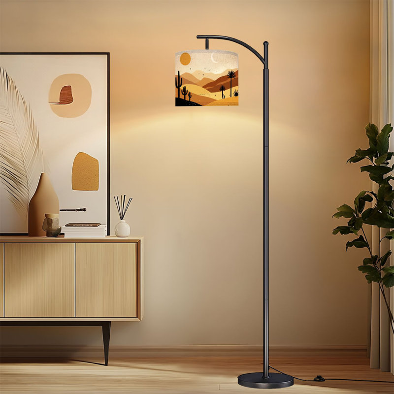 Lampe sur pied à arc avec abat-jour réglable Paysage désertique Cactus Silhouettes Sun Crescent Moon Warm Sand Dunes Lampe sur pied 3 températures de couleur à intensité variable, grand lampadaire avec interrupteur au pied pour la chambre à coucher