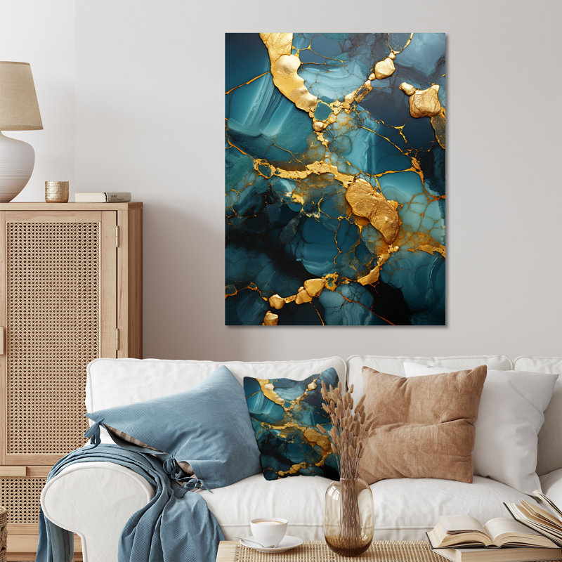 Or et vert topaze agate granit II - impression abstraite d'art mural en métal, H 20 po x l 12 po x P 1 po