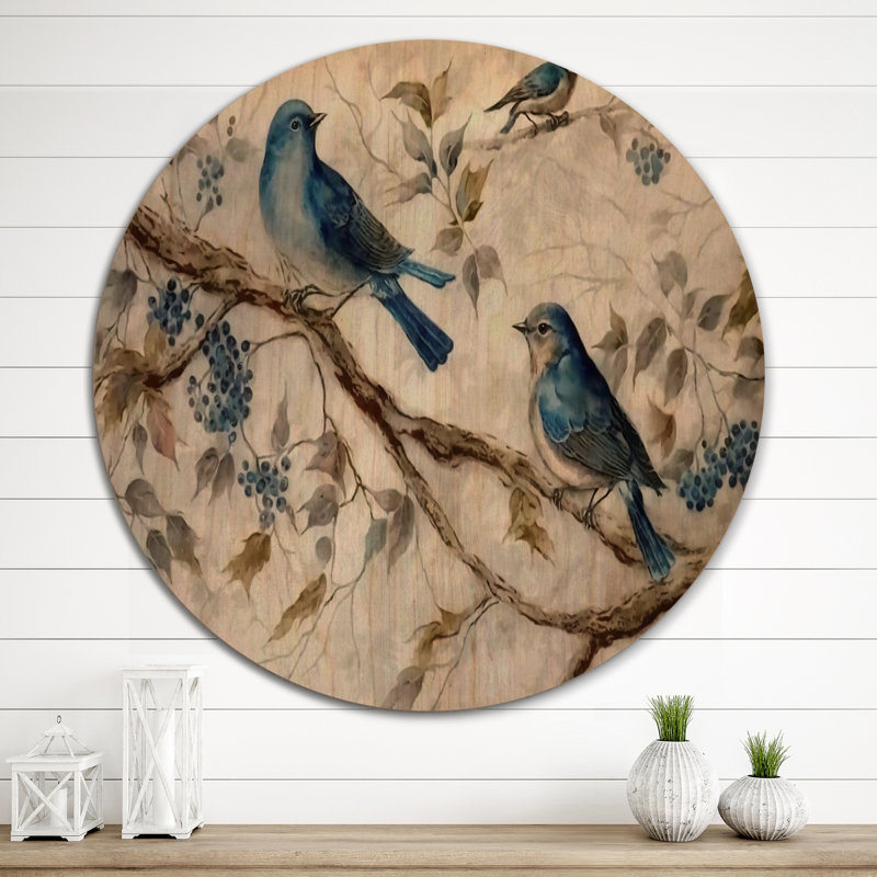 Deux oiseaux bleus assis sur une branche, aquarelle rétro II - impression sans cadre sur bois, H 36 po x l 36 po x P 1 po