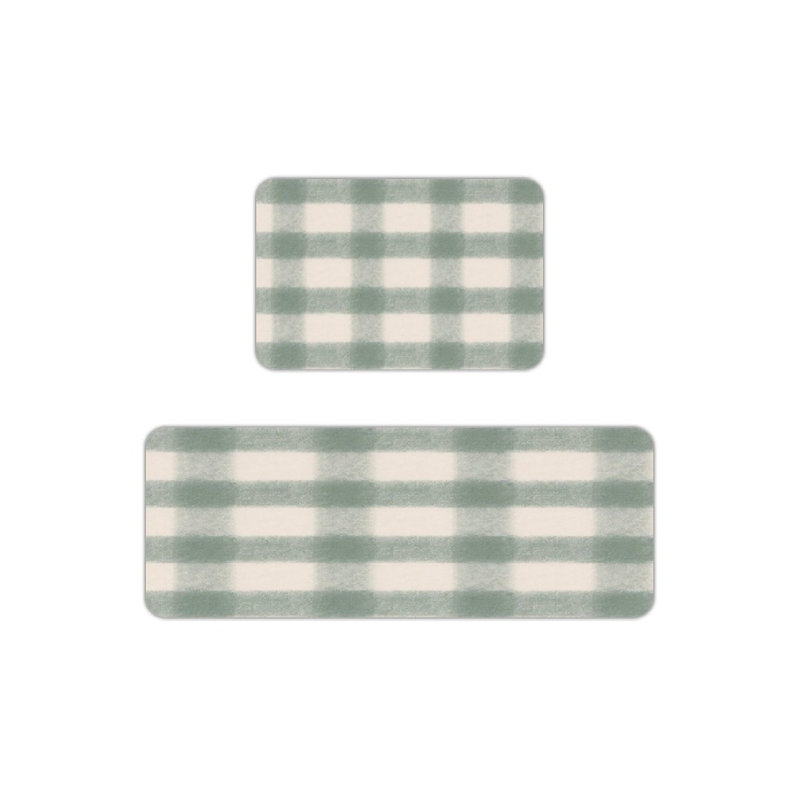 Soft Green Gingham, 2 Pcs Non Slip Kitchen Mats