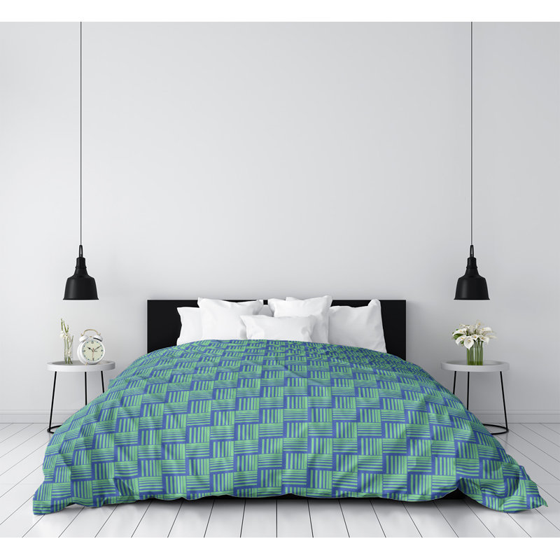 Housse de couette simple à rayures baskettressées, Housse de couette pour grand lit, Bleu/vert, Microfibre