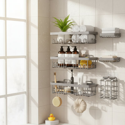 No‑Drilling Adhesive Shower Caddy 6‑Pack, Rustproof Wall‑Mounted Bathroom Organizer with Soap Holder