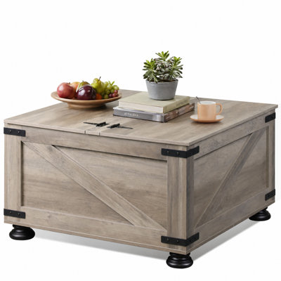 Farmhouse Coffee Table, 31.5" Square Coffee Table With Flip-Top Lids And Large Hidden Storage Compartment For Living Room