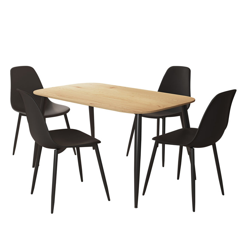 Huetter 5-Piece Casual Dining Set - Spacious Rectangular Table & 4 Curved Plastic Chairs, Beige, Black
