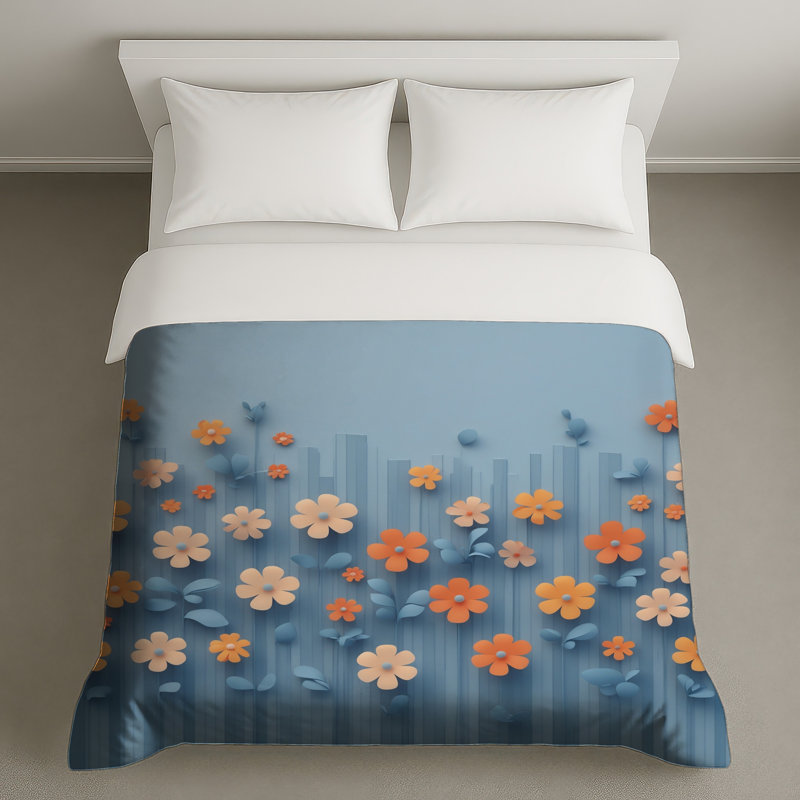 Housses de couette orange, fleurs bleues, Lit simple