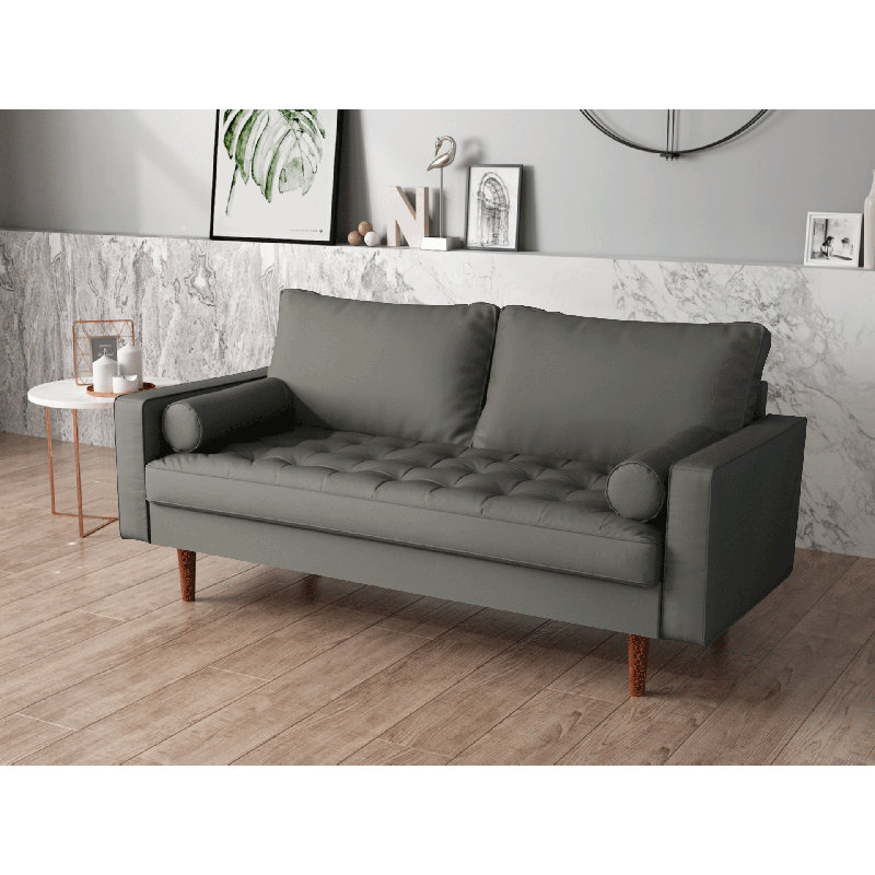 Goodwyn 57.87" Wide Faux Leather Square Arm Loveseat, Gray Faux Leather
