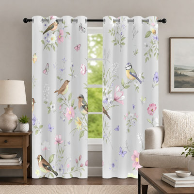2Pcs Floral and Bird Print Curtains, Botanical Style Curtain, Pastoral Nature Theme Printed Art Grommet Drapes, Window Treatment for Bedroom Living Room Decor