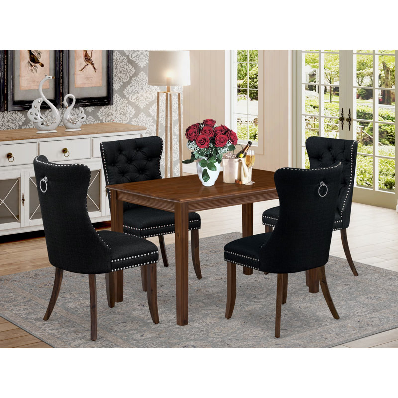 Ensemble de table de salle à manger 5 pièces pour petits espaces comprenant une table de cuisine rectangulaire et 4 chaises rembourrées en tissu de polyester, noyer antique