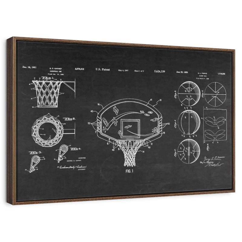Brevets de basketball, 46 po x 31 po, Cadre flottant en noyer