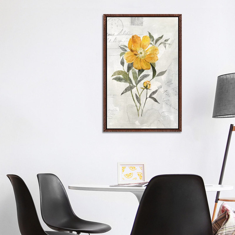Canary Linen Peony 1 Piece Wall Art on Canvas, 101.6 cm H x 66.04 cm W, Classic Brown Wood Framed