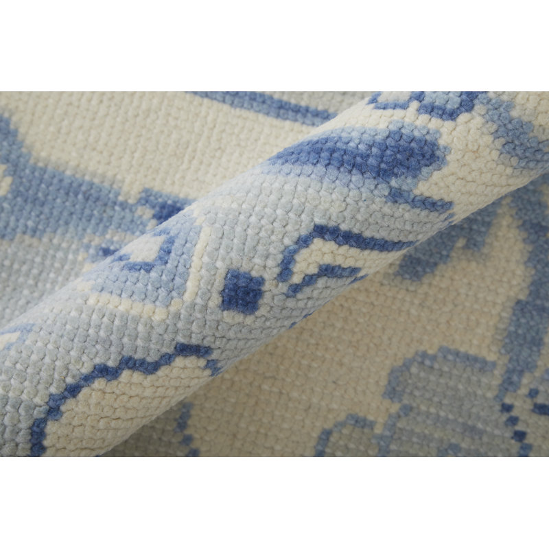 Karina Hand Knotted Wool Ikat Area Rug in Ivory/Blue, Runner 2'6" x 8'