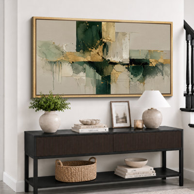 Sage Green Gold Layered Block Abstract Artwork, Living Room Pictures, Framed Canvas Giclee Print 3 Pieces Wall Art