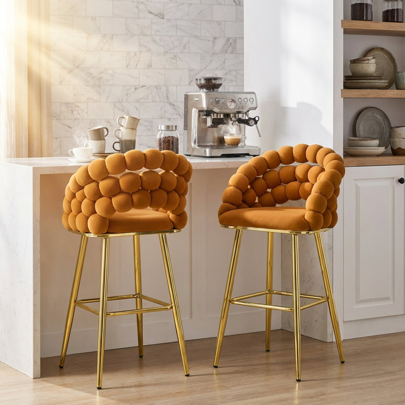 Ensemble de deux tabourets de bar modernes en velours capitonné avec dossier moelleux et pieds métalliques, Orange