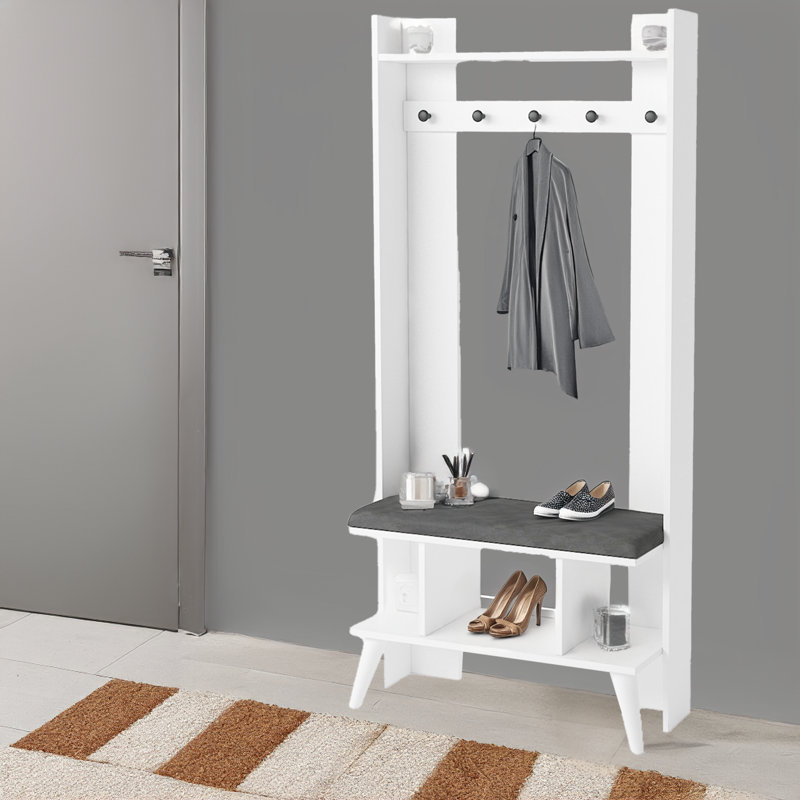 Hall Tree 32.9'' Wide With Bench, Shoe Storage And 5 Hooks, White