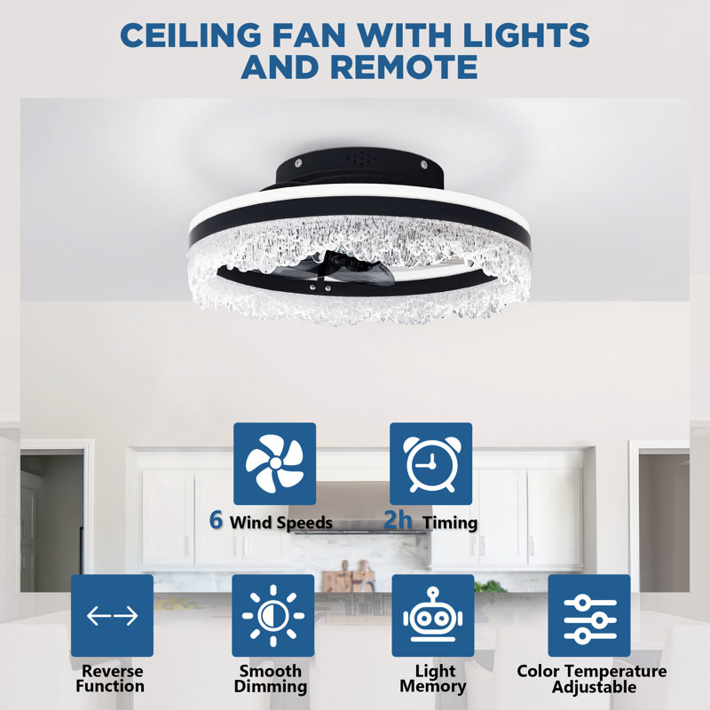  Modern Flush Mount Ceiling Fan With LED Light & Remote, Crystal, Black, White Ceiling Fan, 15.7" Wide