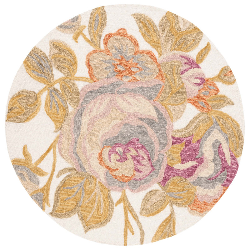 Tapis floral en laine touffeté à la main en coton ivoire / vert Marland, Rond 6 pi