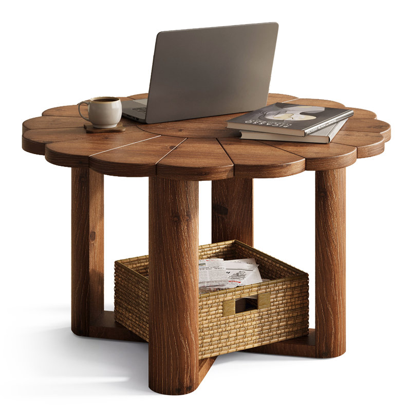 31.5" Round Solid Wood Coffee Table, Petal Shape Rattan Coffee Table with Open Display Area, Light Brown