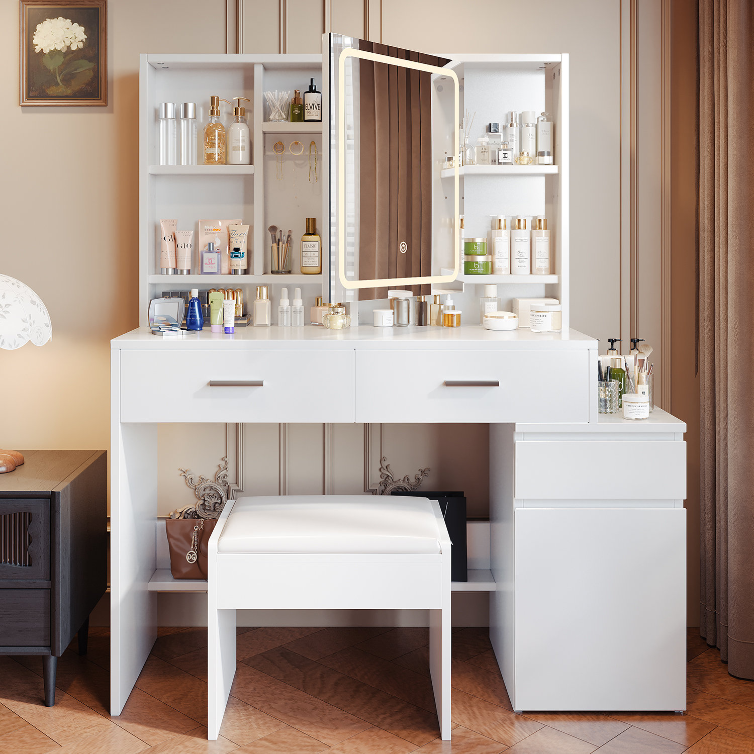 17 Stories Rorrison White Dressing Table With Jewelry Cabinet