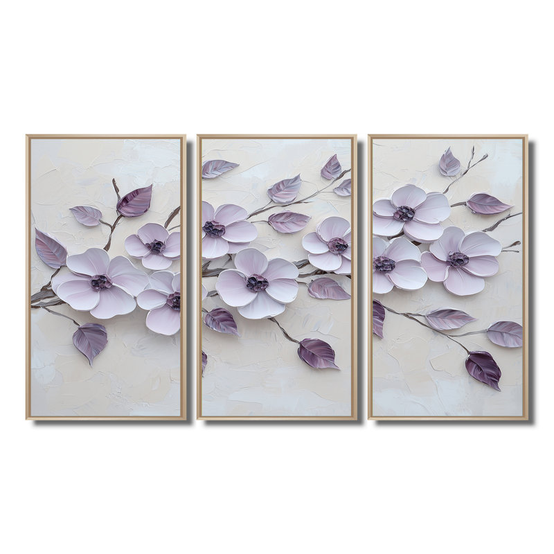 Ensemble de décoration murale mauve lilas Harmony IV - Lilas, Toile naturelle avec cadre flottant, H 32 po x l 48 po x P 1 po