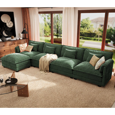 Canapé modulaire en L 5 pièces modulaire en forme de L 5 pièces avec pouf-chenille amovible - vert