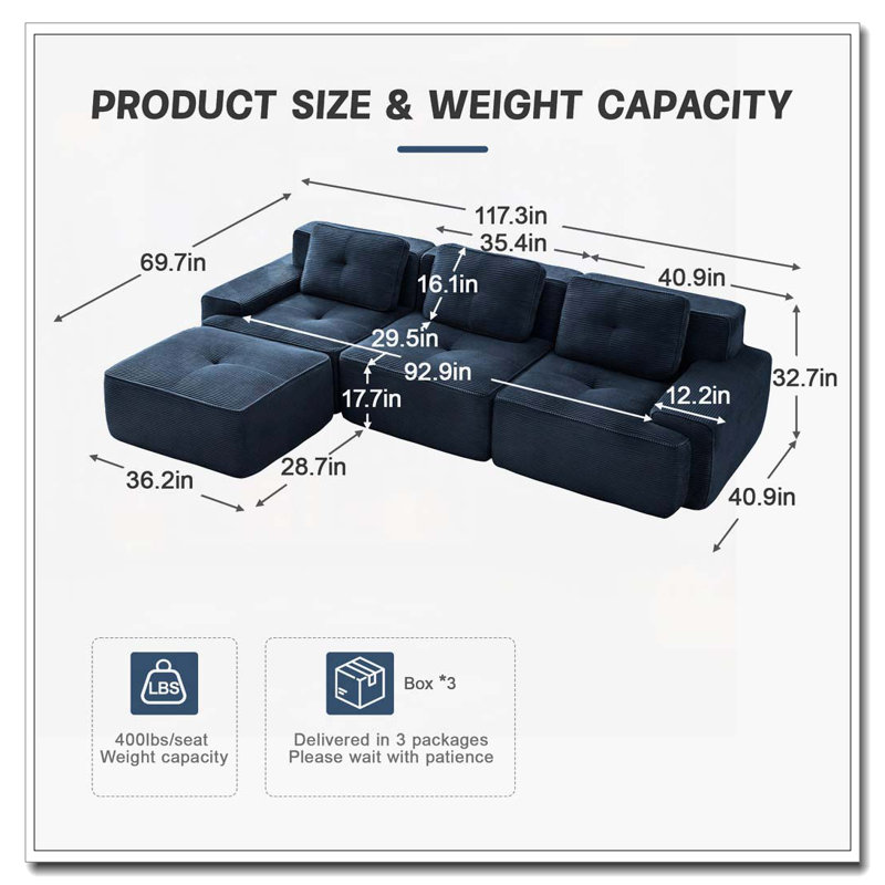 Canapé modulaire en tissu Corduroy, Bleu