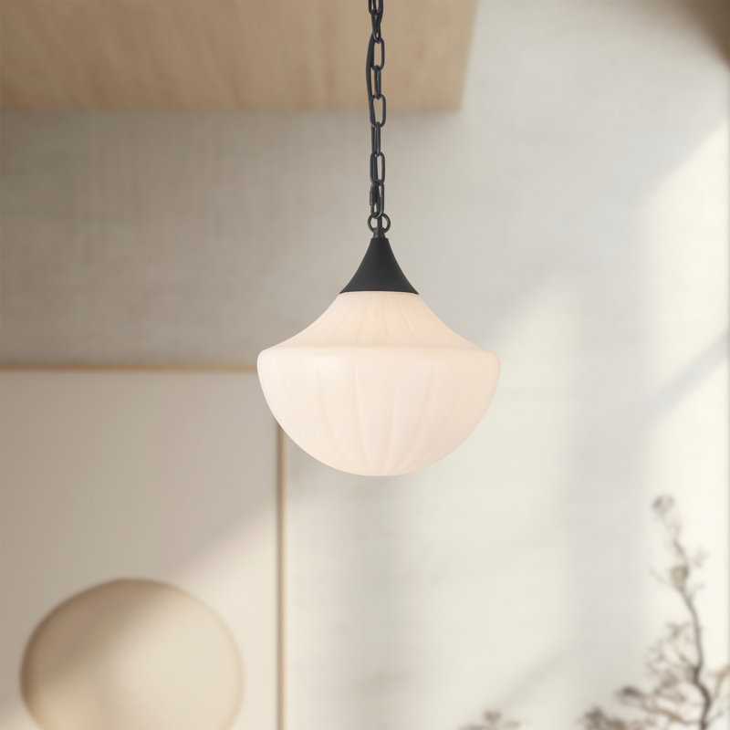Luminaire suspendu noir mat 12 po avec verre opale côtelé Ashwell, 12 po, Noir mat / nervuré brillant
