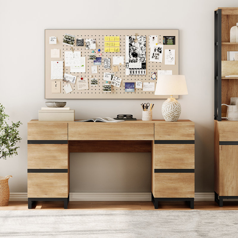 WAMPAT Home Office Furniture Set: 59In Modern Executive Desk With Charging Station & Drawers And 72In Tall Bookcase With Storage Cabinet, Home Office Furniture For Living Room