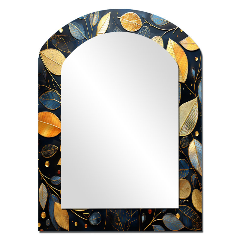 «Black and Gold Leaf Charm In Winter - Leaves Arch Unique Wall Mirror Decor», grand miroir asymétrique doré, impression sur métal