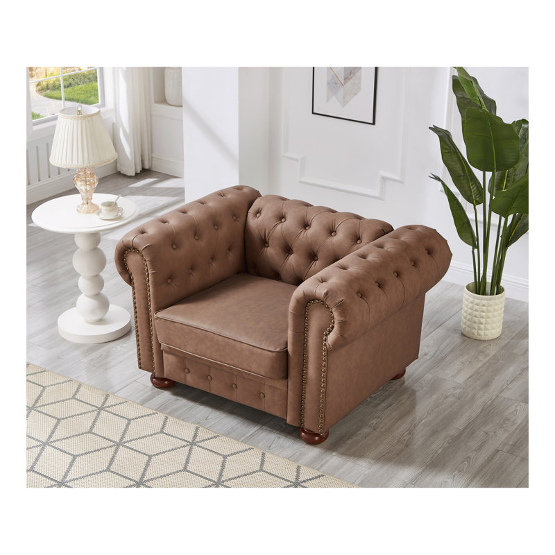 Fauteuil Chesterfield classique pour salon en similicuir, Cuir technique brun