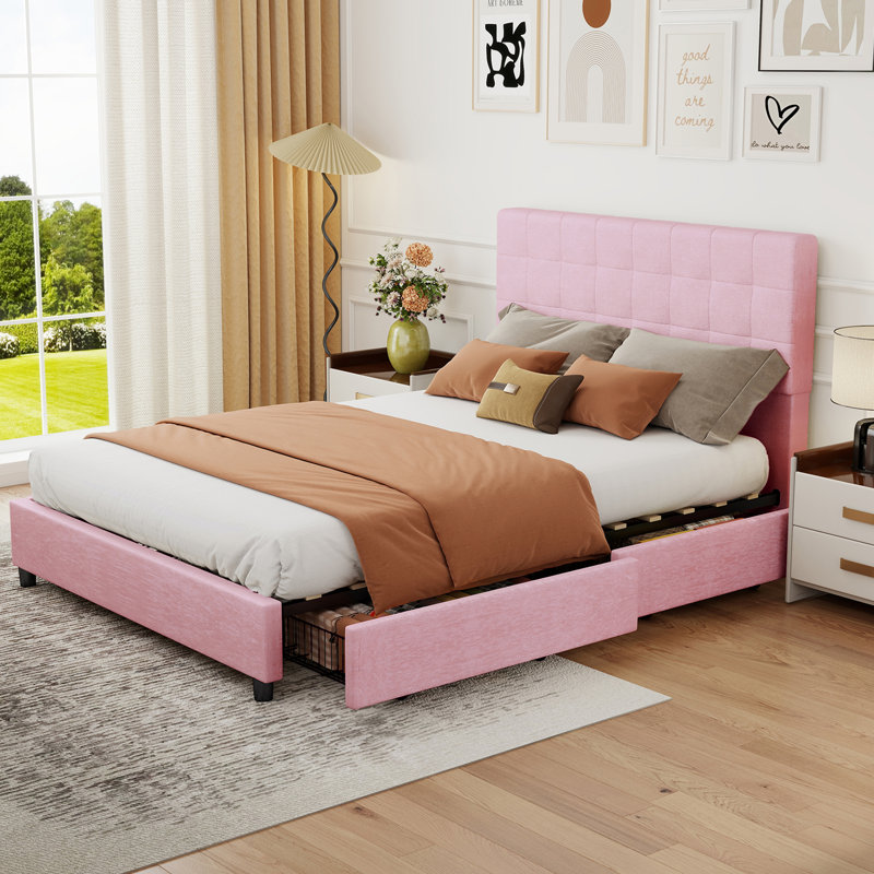 Lit double tapissier avec 4 tiroirs de rangement, tête de lit capitonnée en velours, sans sommier, Lit double, Noir