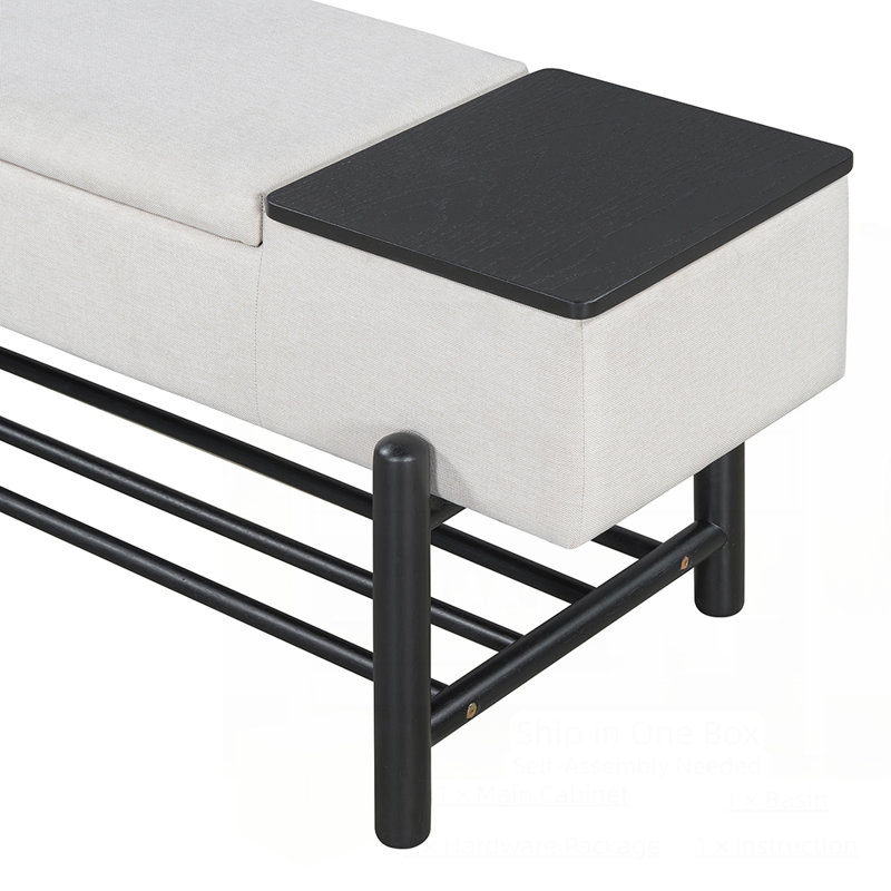 Banc de rangement rembourré avec tablette inférieure, Noir / Beige