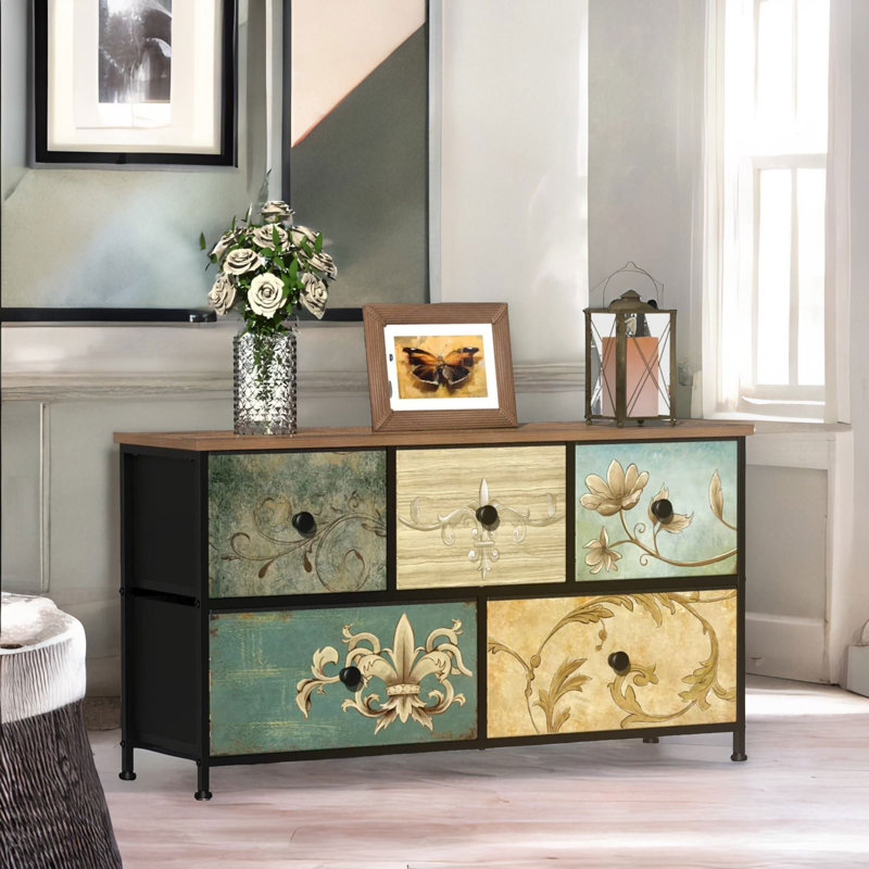 5 Fabric Drawer Bedroom Dresser With Floral Patterns Storage Organiser