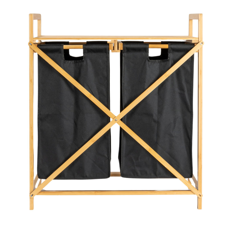 Natural Bamboo and Black Fabric Double Tilt-Out Hamper with Shelf