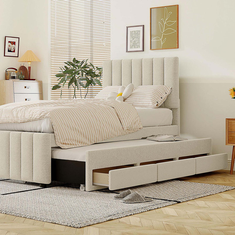 Lit plateforme simple tapissier avec lit gigogne et 3 tiroirs, tissu de lin, beige, Beige