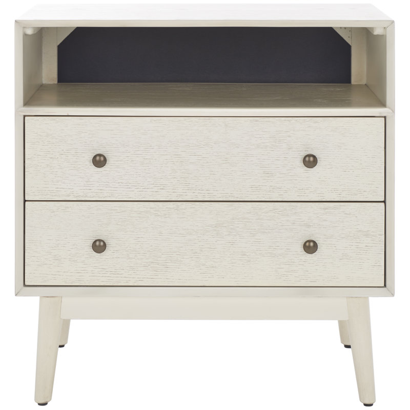 Commode décorative 2 tiroirs en bois massif, Blanc délavé