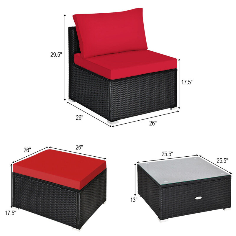 Ensemble de meubles de patio en rotin et osier 5 pièces Lemington, Rouge