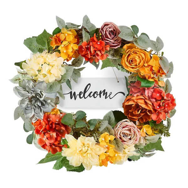 Couronne décorative 24 h avec des hortensias rouges, orange, jaunes et roses toute l'année