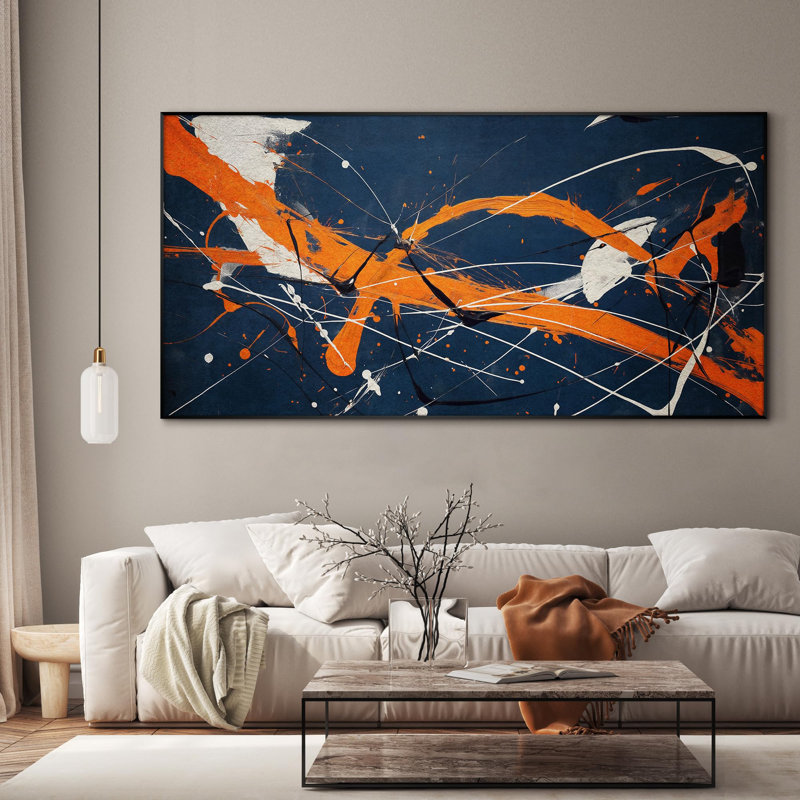 Impressionnisme abstrait moderne orange et bleu, grand salon, reproduction d'art encadrée (assemblage requis)