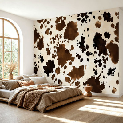 Wall Mural Peel and Stick Wallpaper Cow skin seamless Print animal hide brown spots white Mammals Fur Self-Adhesive Removable Contact Paper Wall Decor for Living Room Bedroom 69"H x 96"W